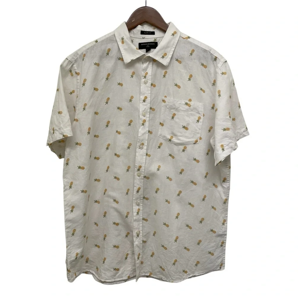 Banana Republic White Pineapple Linen Blend Slim Fit Long Sleeve Men's Shirt L